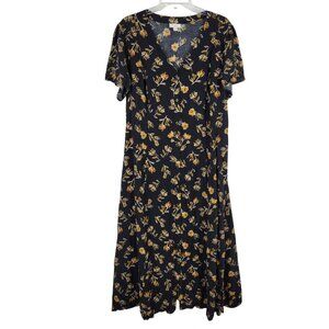 J Jill Floral Maxi Dress Black Boho XL Cottagecore Rayon pockets Button up